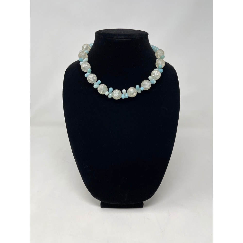 Essence Beaded Necklace Light Blue Clear Crackle Glass Made in USA Silver Tone